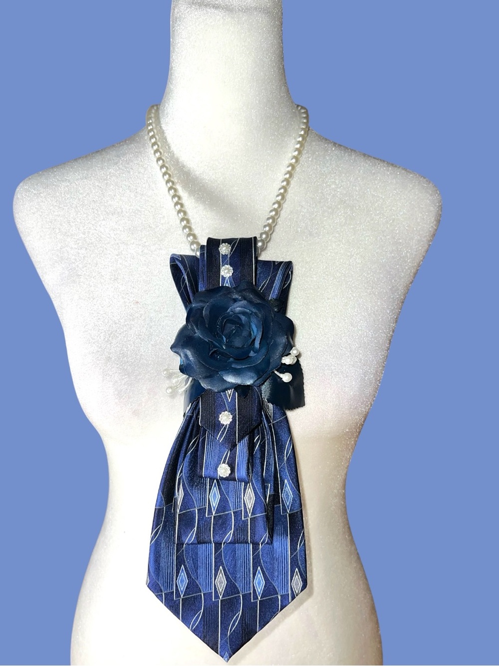 Navy Blue Floral Tie Necklace with Pearl Strand